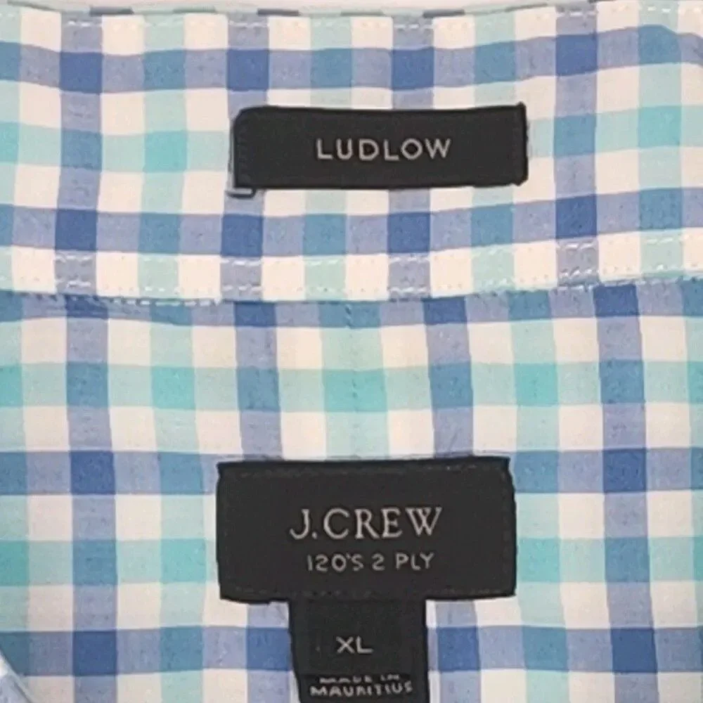 J Crew Shirt 120s 2-Ply Blue White Check Plaid Men Sz XL Button Long Slv Cotton